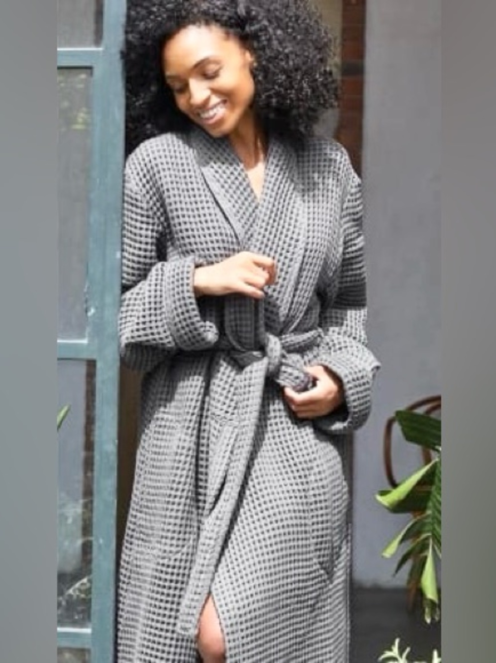 Brooklinen Grey 100% Cotton Waffle Knit Roll Neck Bath Robe, Size XS/S